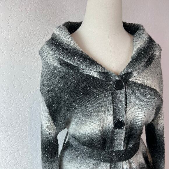 Vintage Y2K Wool Blend Button Up Cardigan Sweater Belted Black White Medium - Picture 6 of 15